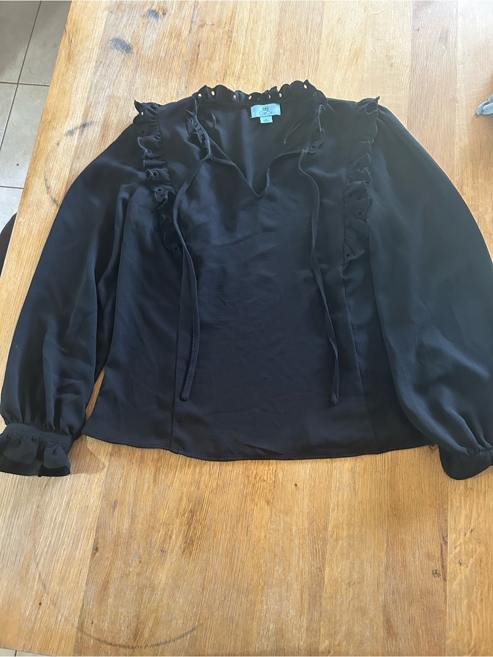 CeCe Black Ruffle Tie-Neck Long Sleeve Blouse